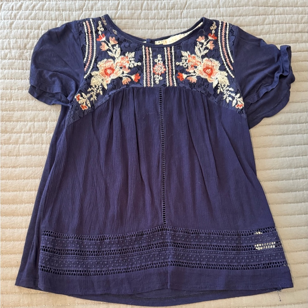 Altar'd State Navy Top with Embroidered and Lace Accents